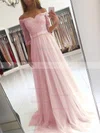A-line Off-the-shoulder Tulle Floor-length Appliques Lace Prom Dresses #Favs020104905