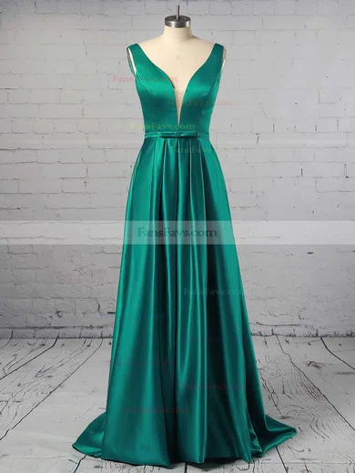 Princess V-neck Satin Sweep Train Sashes / Ribbons Prom Dresses #Favs020104908