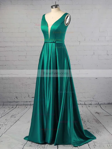 Princess V-neck Satin Sweep Train Sashes / Ribbons Prom Dresses #Favs020104908