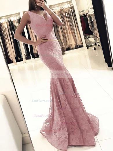 Trumpet/Mermaid V-neck Lace Floor-length Prom Dresses #Favs020104918