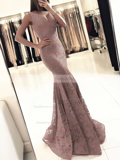 Trumpet/Mermaid V-neck Lace Floor-length Prom Dresses #Favs020104918