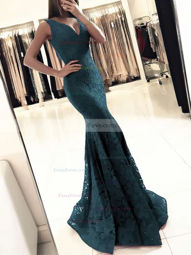 Trumpet/Mermaid V-neck Lace Floor-length Prom Dresses #Favs020104918