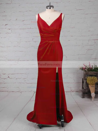 Sheath/Column V-neck Silk-like Satin Sweep Train Ruffles Prom Dresses #Favs020104919