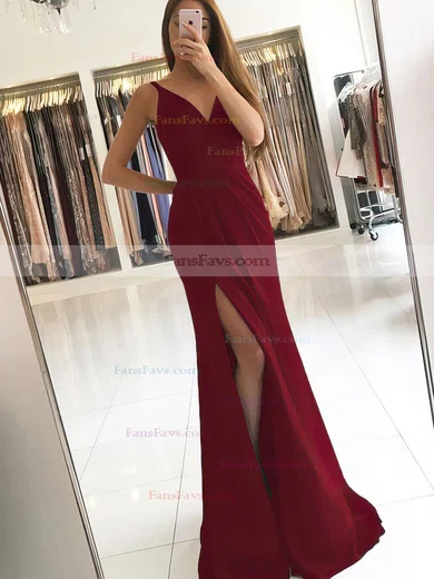 Sheath/Column V-neck Silk-like Satin Sweep Train Ruffles Prom Dresses #Favs020104919