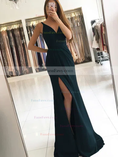 Sheath/Column V-neck Silk-like Satin Sweep Train Ruffles Prom Dresses #Favs020104919