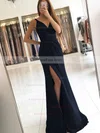 Sheath/Column V-neck Silk-like Satin Sweep Train Ruffles Prom Dresses #Favs020104919