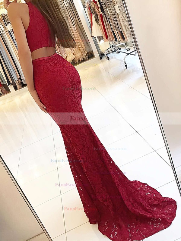 Trumpet/Mermaid High Neck Lace Sweep Train Sashes / Ribbons Prom Dresses #Favs020104921