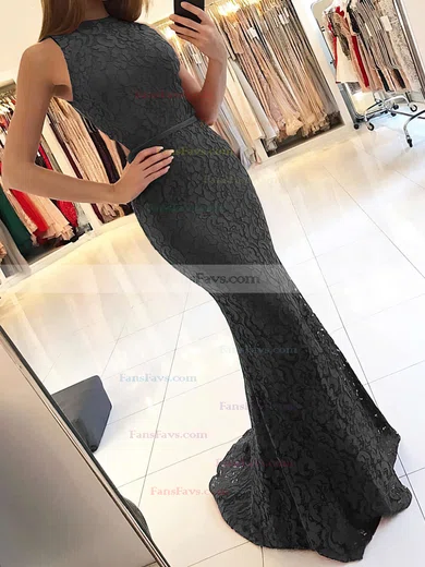 Trumpet/Mermaid High Neck Lace Sweep Train Sashes / Ribbons Prom Dresses #Favs020104921