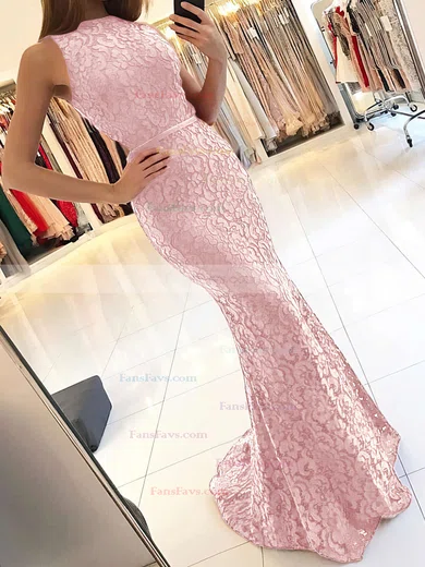 Trumpet/Mermaid High Neck Lace Sweep Train Sashes / Ribbons Prom Dresses #Favs020104921