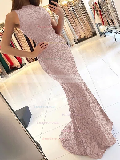Trumpet/Mermaid High Neck Lace Sweep Train Sashes / Ribbons Prom Dresses #Favs020104921