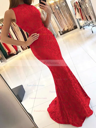 Trumpet/Mermaid High Neck Lace Sweep Train Sashes / Ribbons Prom Dresses #Favs020104921