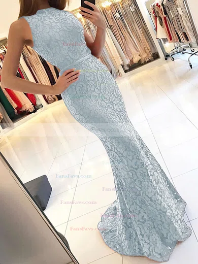 Trumpet/Mermaid High Neck Lace Sweep Train Sashes / Ribbons Prom Dresses #Favs020104921