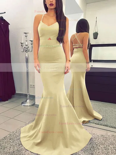 Trumpet/Mermaid V-neck Silk-like Satin Sweep Train Prom Dresses #Favs020104922