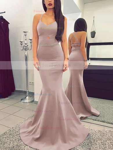 Trumpet/Mermaid V-neck Silk-like Satin Sweep Train Prom Dresses #Favs020104922