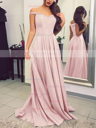 A-line Off-the-shoulder Silk-like Satin Sweep Train Sashes / Ribbons Prom Dresses #Favs020104929
