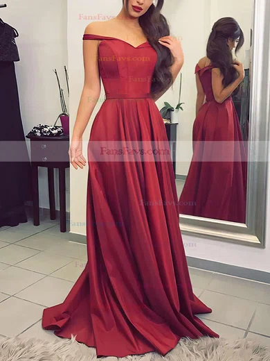A-line Off-the-shoulder Silk-like Satin Sweep Train Sashes / Ribbons Prom Dresses #Favs020104929