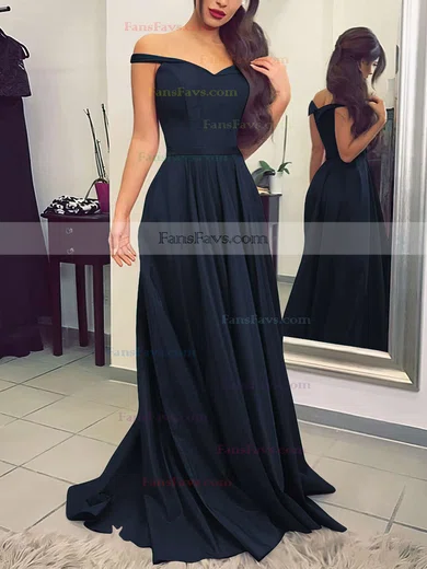 A-line Off-the-shoulder Silk-like Satin Sweep Train Sashes / Ribbons Prom Dresses #Favs020104929