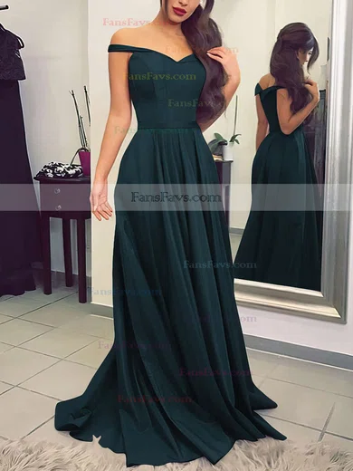 A-line Off-the-shoulder Silk-like Satin Sweep Train Sashes / Ribbons Prom Dresses #Favs020104929