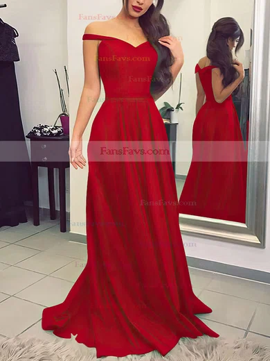 A-line Off-the-shoulder Silk-like Satin Sweep Train Sashes / Ribbons Prom Dresses #Favs020104929