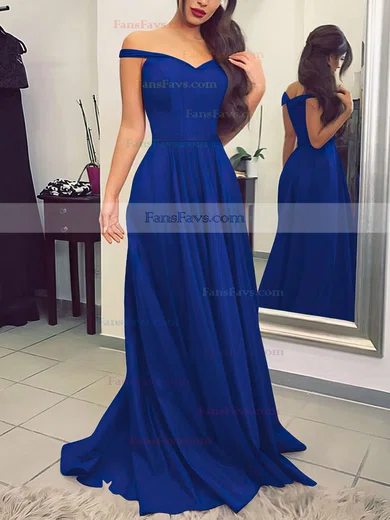 A-line Off-the-shoulder Silk-like Satin Sweep Train Sashes / Ribbons Prom Dresses #Favs020104929