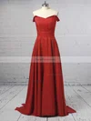 A-line Off-the-shoulder Silk-like Satin Sweep Train Sashes / Ribbons Prom Dresses #Favs020104929