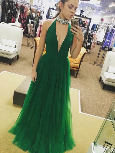 A-line High Neck Tulle Floor-length Beading Prom Dresses #Favs020104935