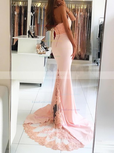 Trumpet/Mermaid Halter Jersey Sweep Train Appliques Lace Prom Dresses #Favs020104945