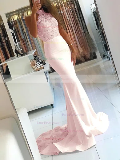 Trumpet/Mermaid Halter Jersey Sweep Train Appliques Lace Prom Dresses #Favs020104945