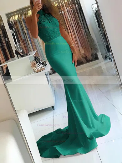 Trumpet/Mermaid Halter Jersey Sweep Train Appliques Lace Prom Dresses #Favs020104945