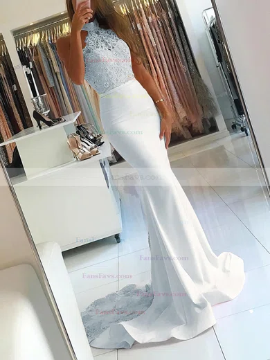 Trumpet/Mermaid Halter Jersey Sweep Train Appliques Lace Prom Dresses #Favs020104945