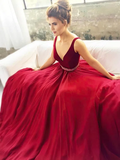 Princess V-neck Chiffon Velvet Sweep Train Beading Prom Dresses #Favs020104953