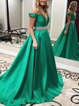 Princess Off-the-shoulder Satin Sweep Train Beading Prom Dresses #Favs020104954 Princess Off-the-shoulder Satin Sweep Train Beading Prom Dresses #Favs020104954