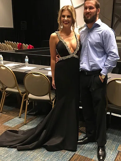 Trumpet/Mermaid V-neck Satin Sweep Train Beading Prom Dresses #Favs020104994