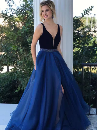 A-line V-neck Organza Velvet Sweep Train Beading Prom Dresses #Favs020105016 A-line V-neck Organza Velvet Sweep Train Beading Prom Dresses #Favs020105016