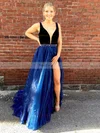 A-line V-neck Organza Velvet Sweep Train Beading Prom Dresses #Favs020105016