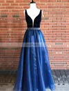 A-line V-neck Organza Velvet Sweep Train Beading Prom Dresses #Favs020105016
