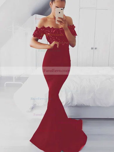 Trumpet/Mermaid Off-the-shoulder Silk-like Satin Sweep Train Appliques Lace Prom Dresses #Favs020105022