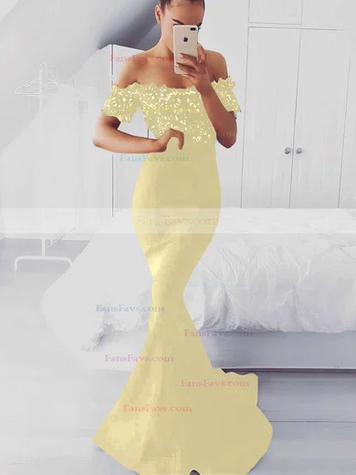 Trumpet/Mermaid Off-the-shoulder Silk-like Satin Sweep Train Appliques Lace Prom Dresses #Favs020105022