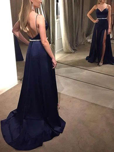 A-line V-neck Satin Sweep Train Beading Prom Dresses #Favs020105149