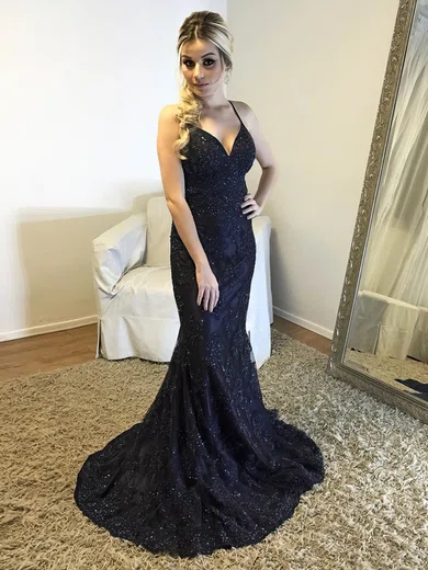 Trumpet/Mermaid V-neck Tulle Sweep Train Beading Prom Dresses #Favs020105152