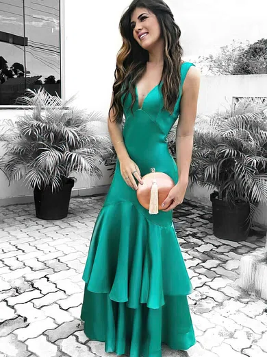 Trumpet/Mermaid V-neck Satin Floor-length Tiered Prom Dresses #Favs020105153