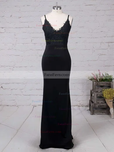 Sheath/Column V-neck Jersey Floor-length Appliques Lace Prom Dresses #Favs020103574