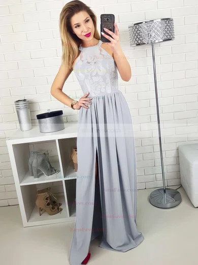 A-line Scoop Neck Lace Silk-like Satin Floor-length Split Front Prom Dresses #Favs020105172
