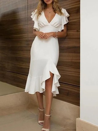 Trumpet/Mermaid V-neck Stretch Crepe Tea-length Ruffles Prom Dresses #Favs020107996 Trumpet/Mermaid V-neck Stretch Crepe Tea-length Ruffles Prom Dresses #Favs020107996