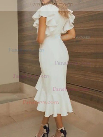 Trumpet/Mermaid V-neck Stretch Crepe Tea-length Ruffles Prom Dresses #Favs020107996
