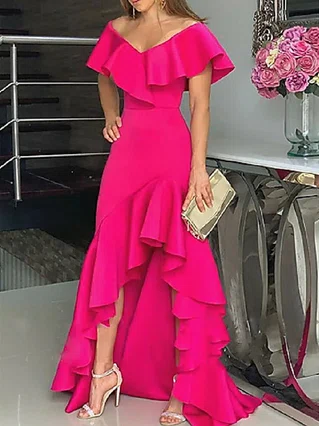 Sheath/Column V-neck Stretch Crepe Asymmetrical Flower(s) Prom Dresses #Favs020107988