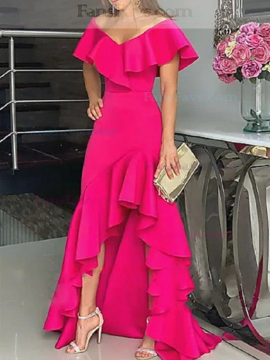 Sheath/Column V-neck Stretch Crepe Asymmetrical Flower(s) Prom Dresses #Favs020107988