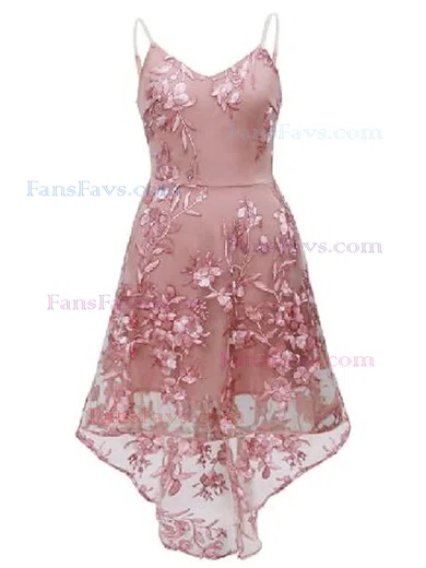 A-line V-neck Tulle Lace Asymmetrical Appliques Lace Prom Dresses #Favs020107972