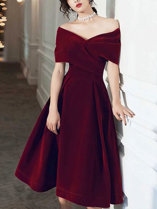 A-line Off-the-shoulder Velvet Tea-length Prom Dresses #Favs020108386