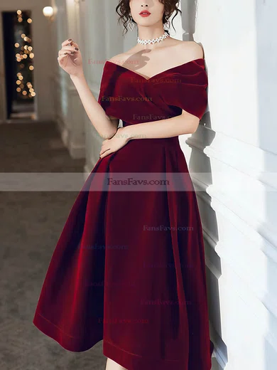 A-line Off-the-shoulder Velvet Tea-length Prom Dresses #Favs020108386